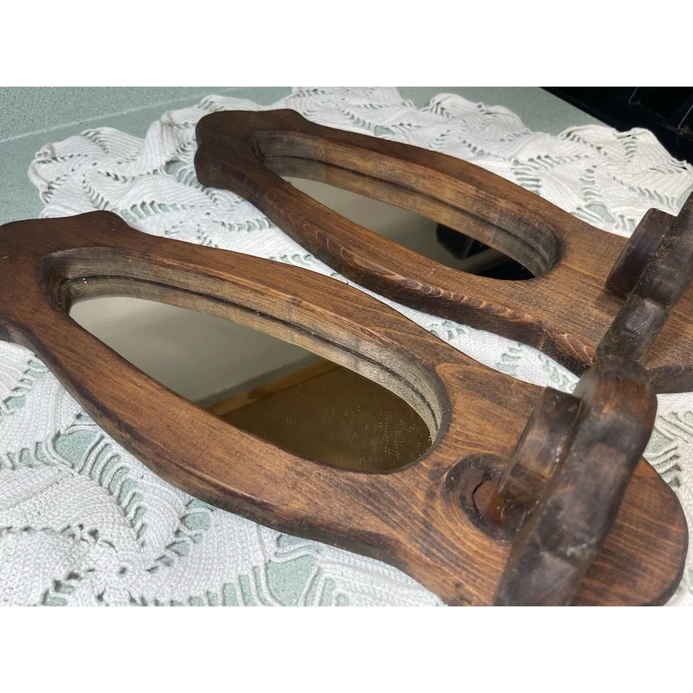 Vintage Pair Of Wooden Wall Hanging Mirrored Taper Candle Holder Sconce Rustic